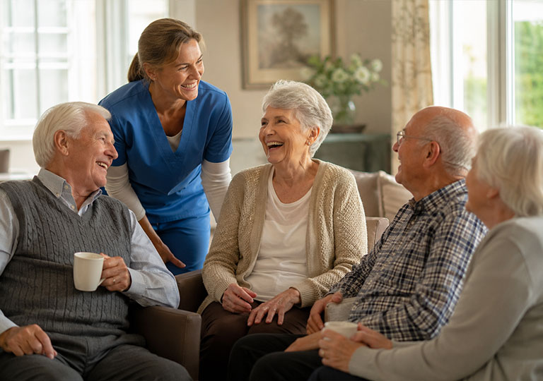 Alt tag: Seniors and caregiver enjoying a social activity together at American Orchards senior living community in Gilbert, AZ