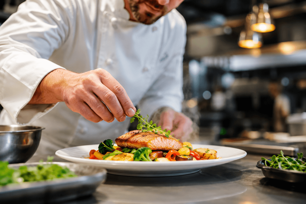 Chef plating a fresh made-from-scratch entree in the American Orchards kitchen in Gilbert, AZ