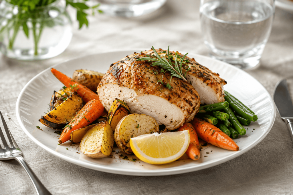 Restaurant-style plated meal with seasonal vegetables served at American Orchards senior living community