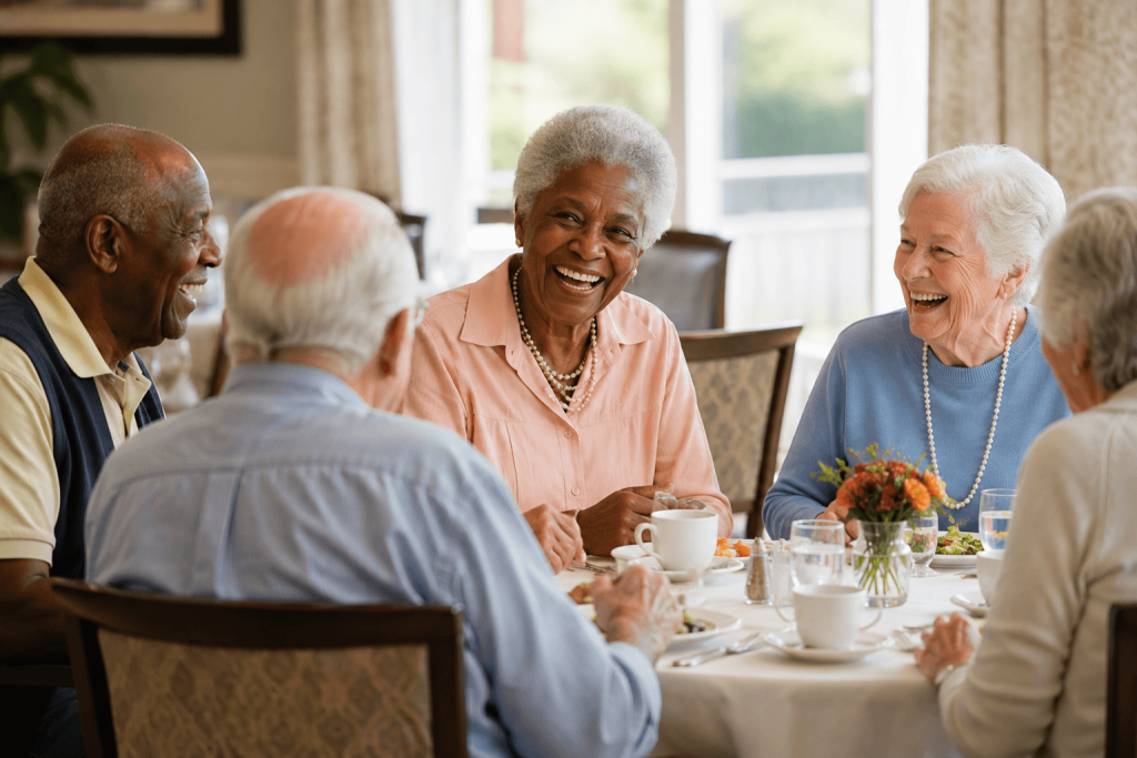 Group of senior friends sharing conversation over lunch at American Orchards in Gilbert, Arizona