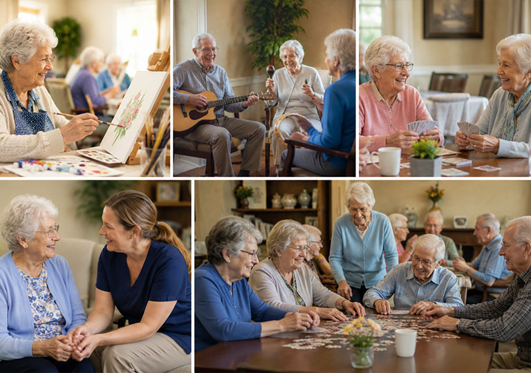 Collage-style scene of senior residents taking part in painting, music therapy, and club activities at American Orchards
