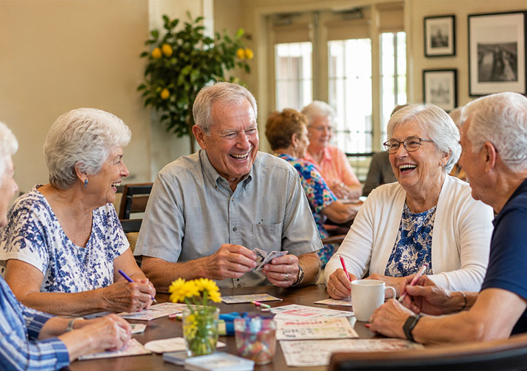 Group of senior residents socializing and laughing together during an activity at American Orchards in Gilbert, AZ