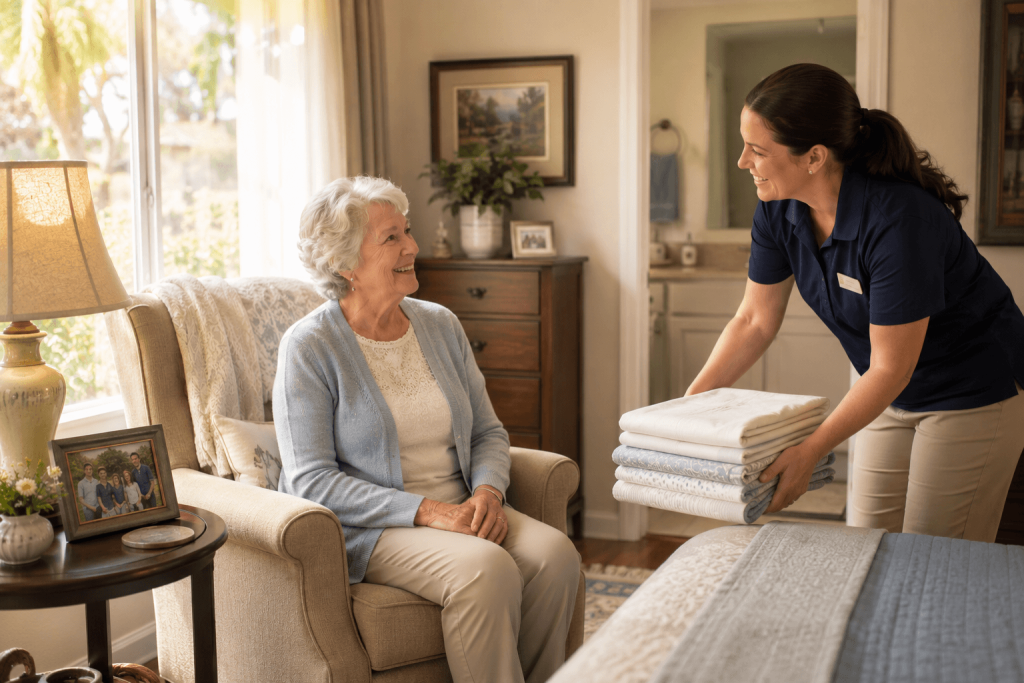 Senior woman being welcomed into American Orchards in Gilbert, AZ for a short-term stay