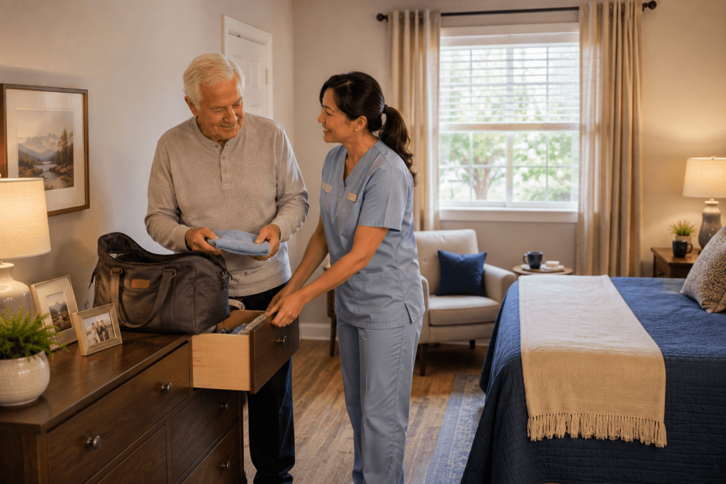 Caregiver helping a senior resident settle into a private suite during a respite care stay