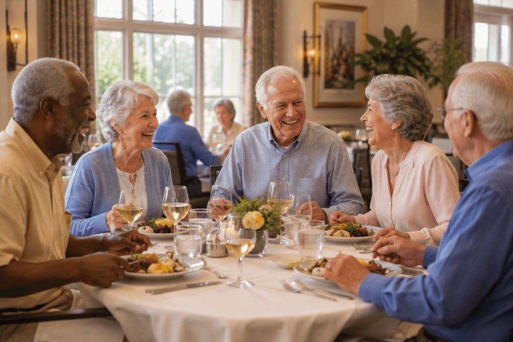Seniors enjoying a chef-prepared meal together in the American Orchards dining room