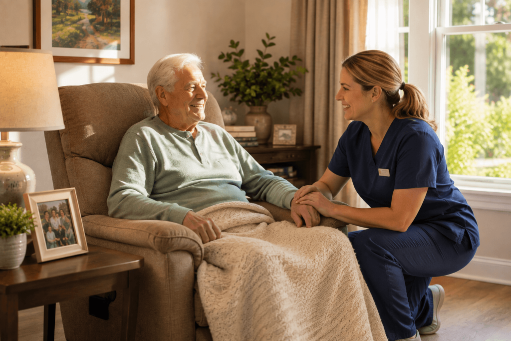 Senior man recovering after a hospital stay while a nurse checks on him in a comfortable room