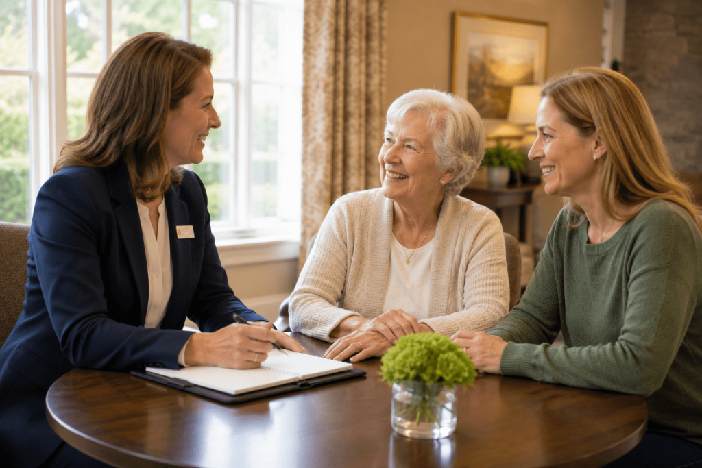 Care team member reviewing a personalized care plan with a senior guest and family member