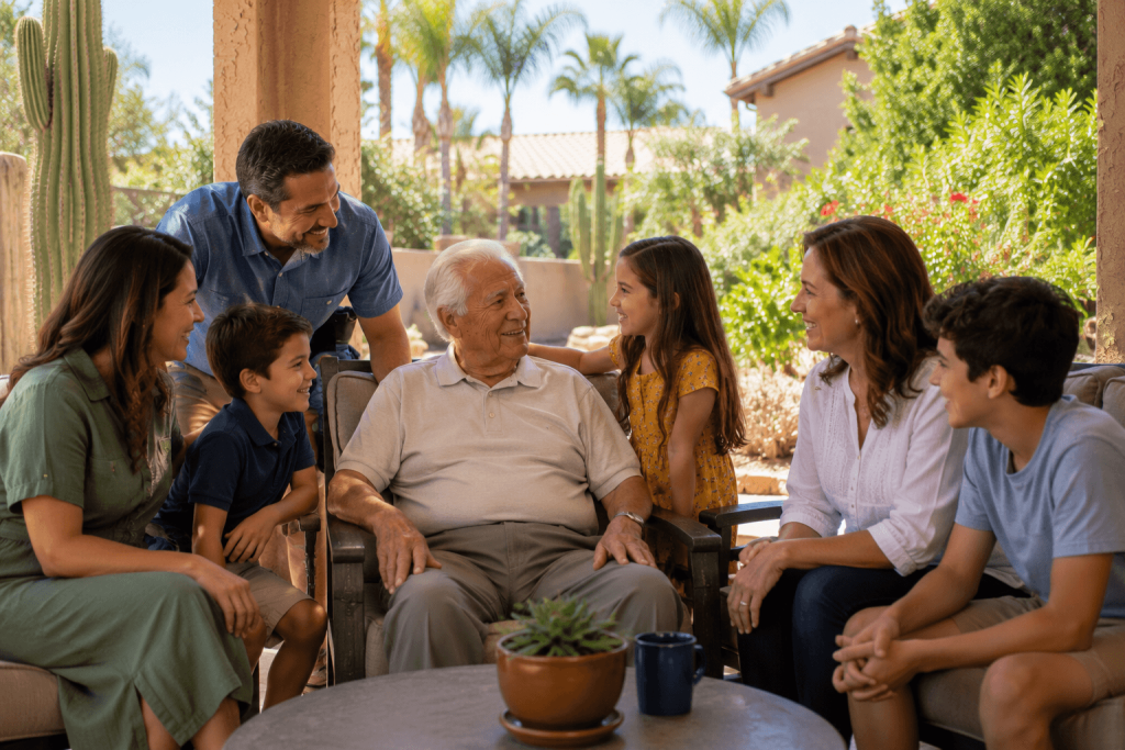 Multigenerational family visiting a senior loved one outdoors at a Gilbert, Arizona community